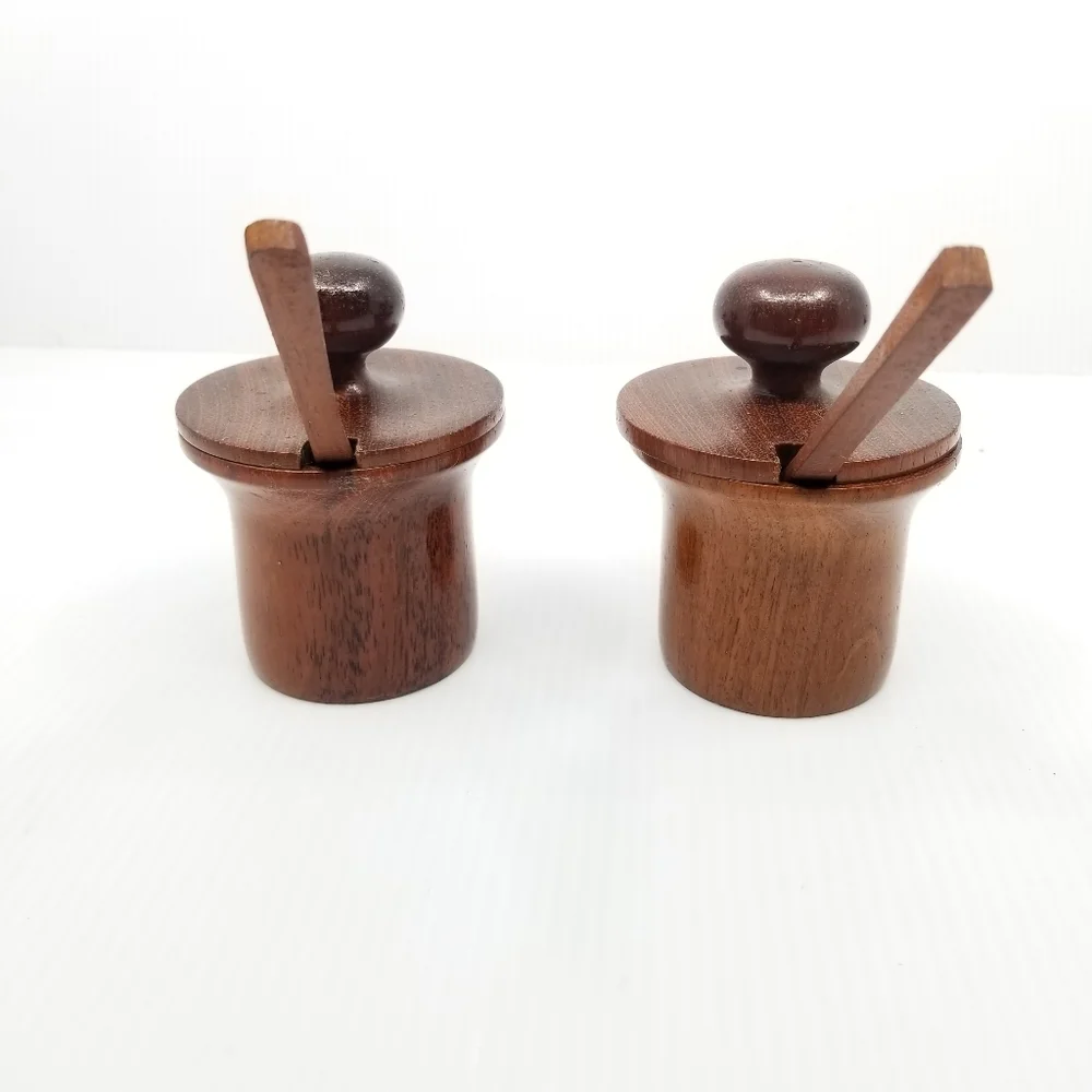 Primitive Farmhouse Condiment Spice Salt Pepper Wooden Set With Spoon‎